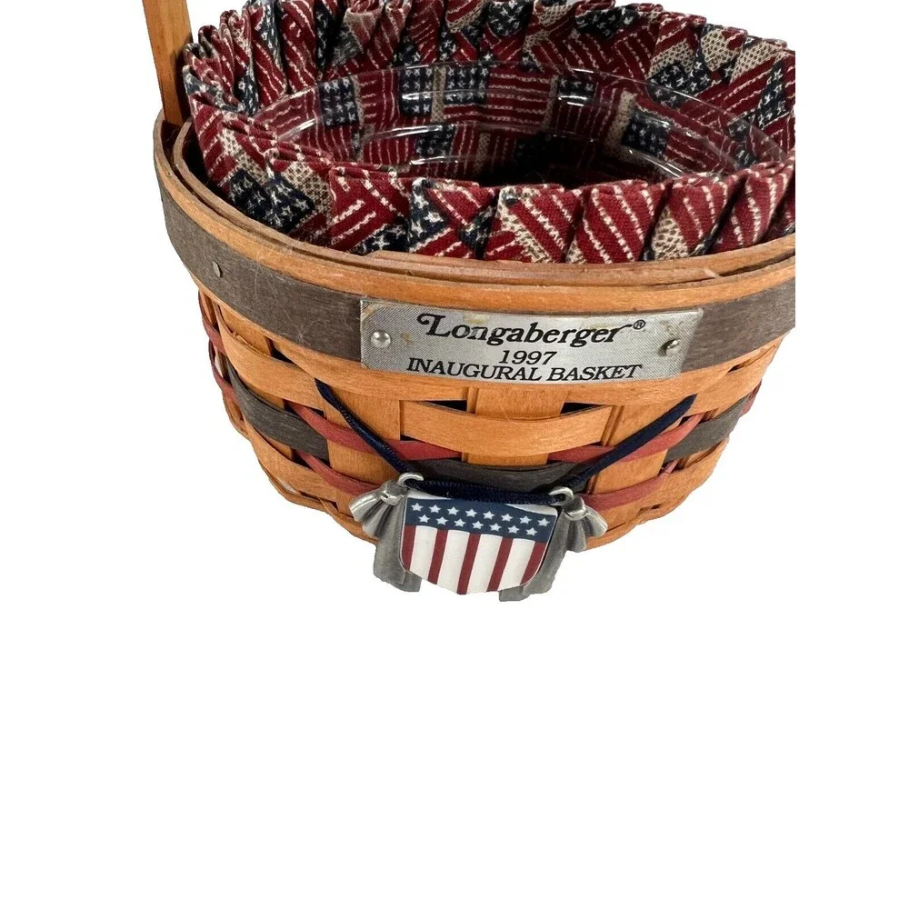 1997 Longaberger Inaugural Basket w/Flag Liner, Protector & Tie-On 5.5